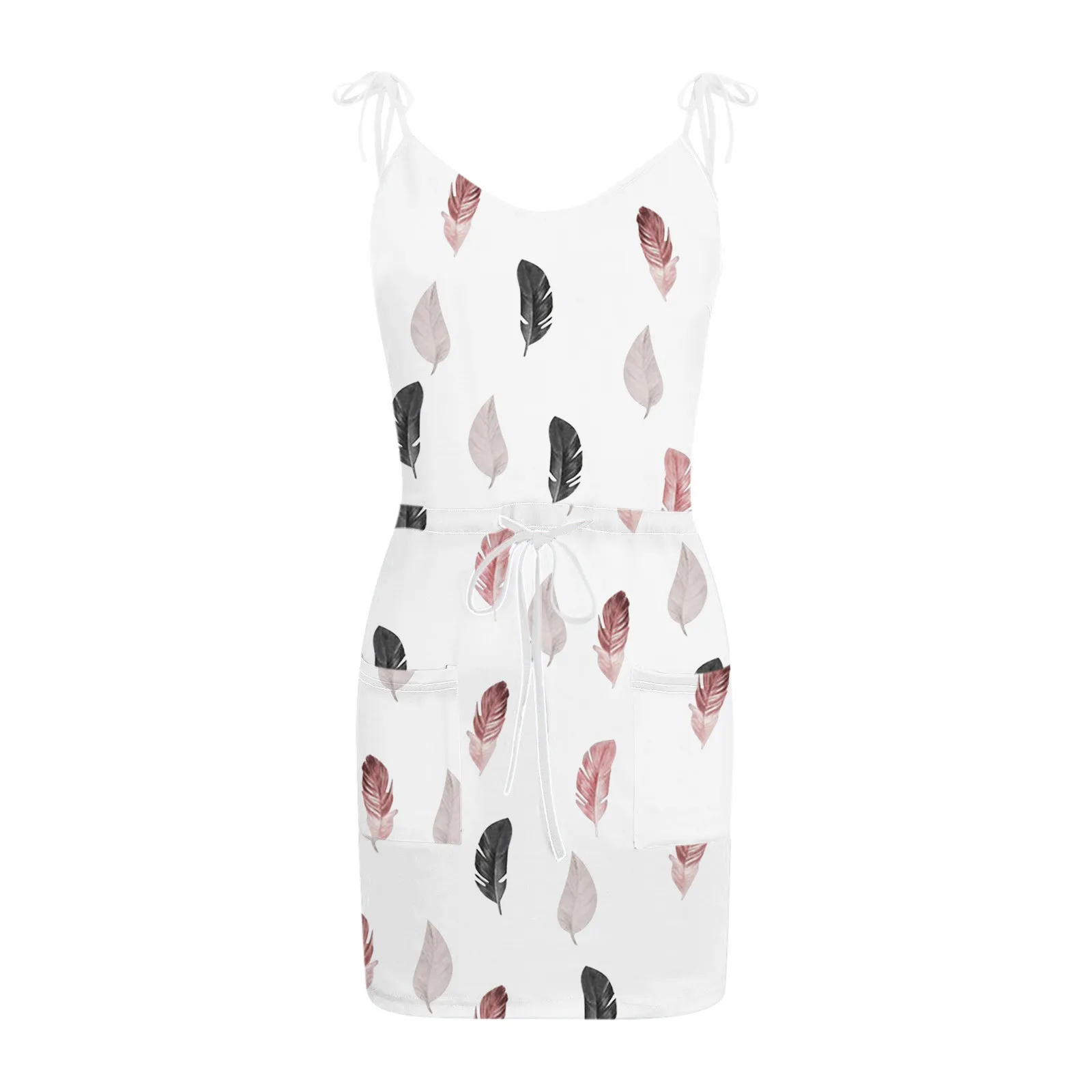 

Women Summer Dress 2021 Casual V-Neck Sleeveless Open Back Sexy Feather Print Loose Dresses Spaghetti Strap Vestido Robe Femme