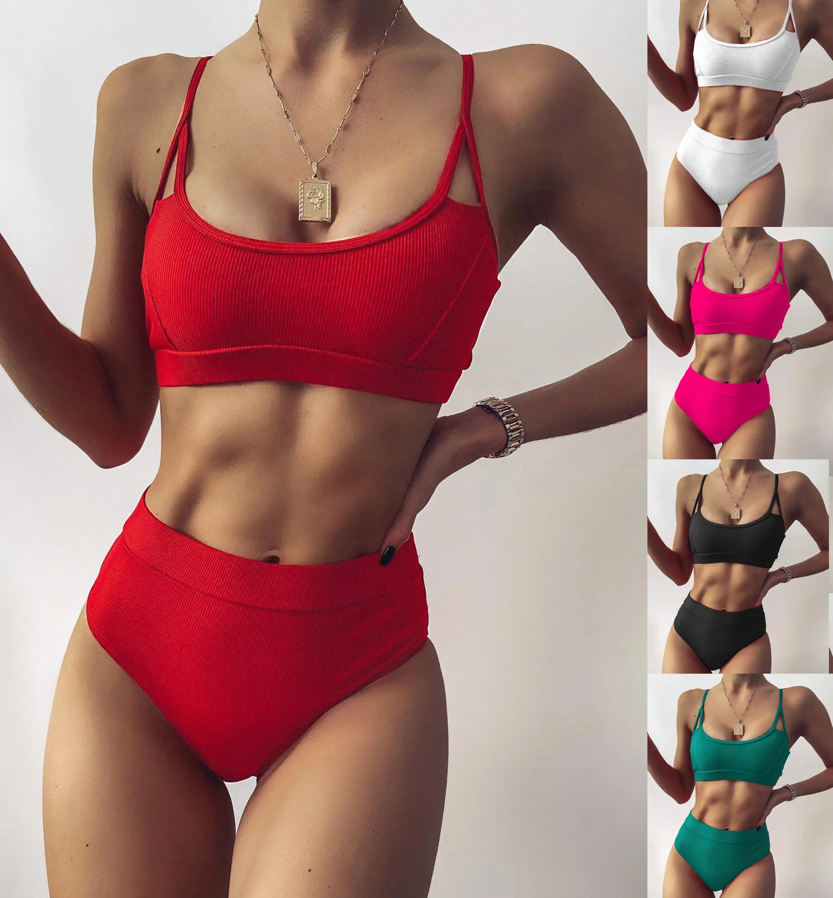 

Women's Swimwear Solid Color High Waist Push Up Two-Piece Swimsuit Padded Thin Shoulder Strap Free Shipping Bathing Suits