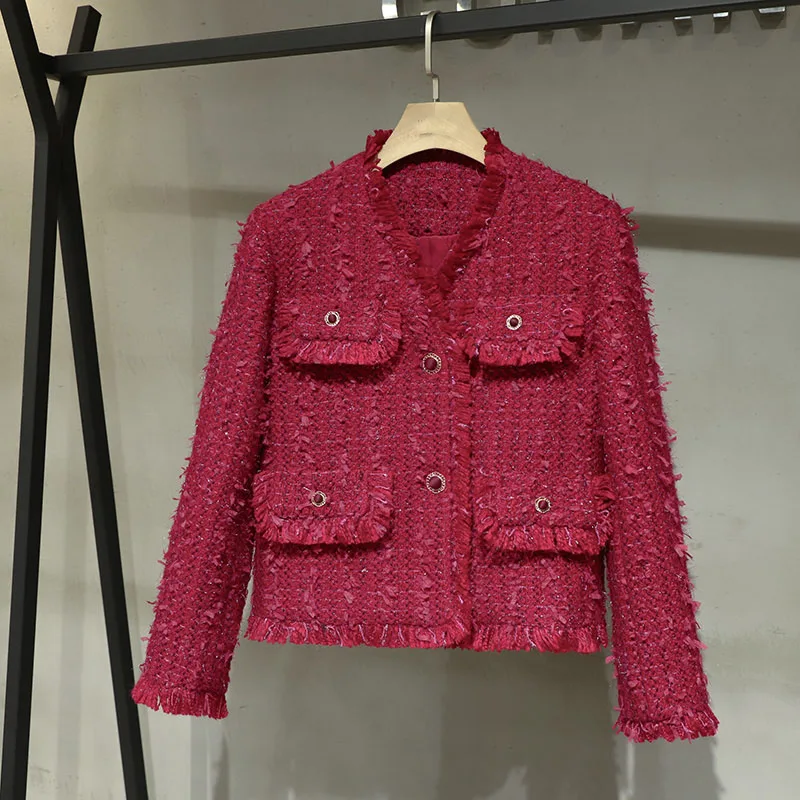 

Женская твидовая куртка с бахромой, красная Повседневная Верхняя одежда, весна 2023