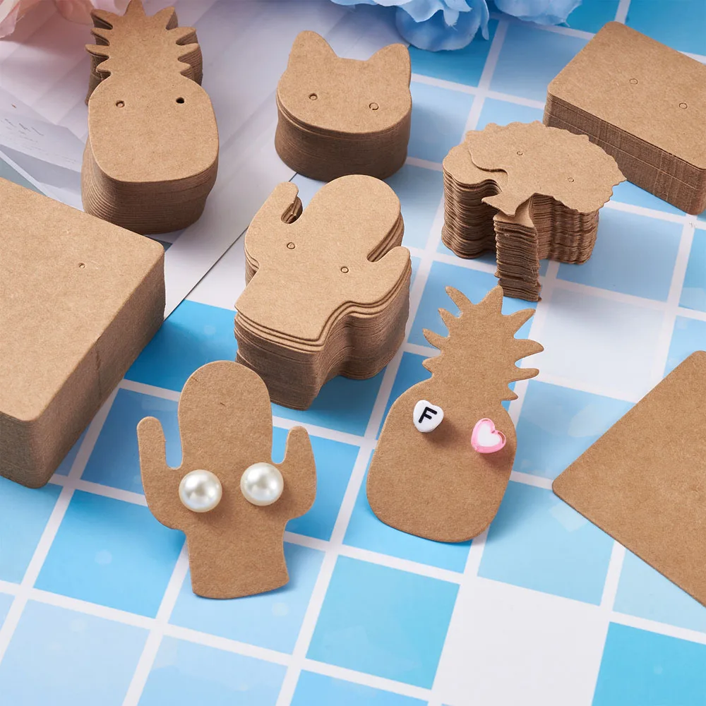 

300pcs Blank Kraft Paper Earring Display Cards Ear Studs Hang Tag Cute Cat Cactus Pineapple Tree Shape Cardboard earrings Card