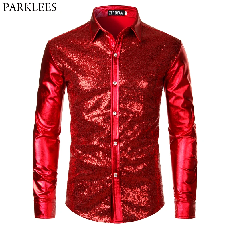 Red Sequin Metallic Patchwork Shirt Men 2019 New 70's Disco  Nightclub Sparkle Shirt Mens Halloween Party Stage Prom Costume 2XL