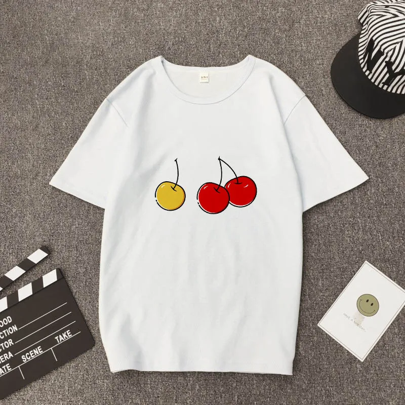 

Summer Women's T-shirt Fashion Cherry Print T-shirt Short Sleeve Casual Shirt Top Tee Female Harajuku Graphic T-shirt