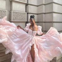 pink princess elegant prom dress puff sleeves ruffles high split long a line women homecoming party gowns plus size custom made