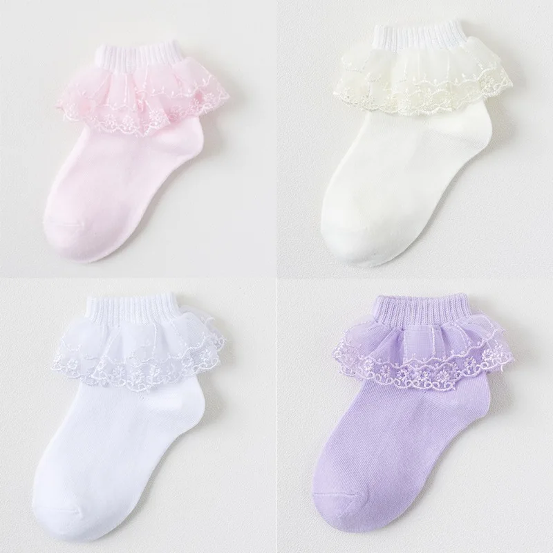 

Bobora/платье для принцессы с кружевом и оборками, без пятки, носки для детей, короткие носочки по щиколотку белого розового и фиолетового цвет...