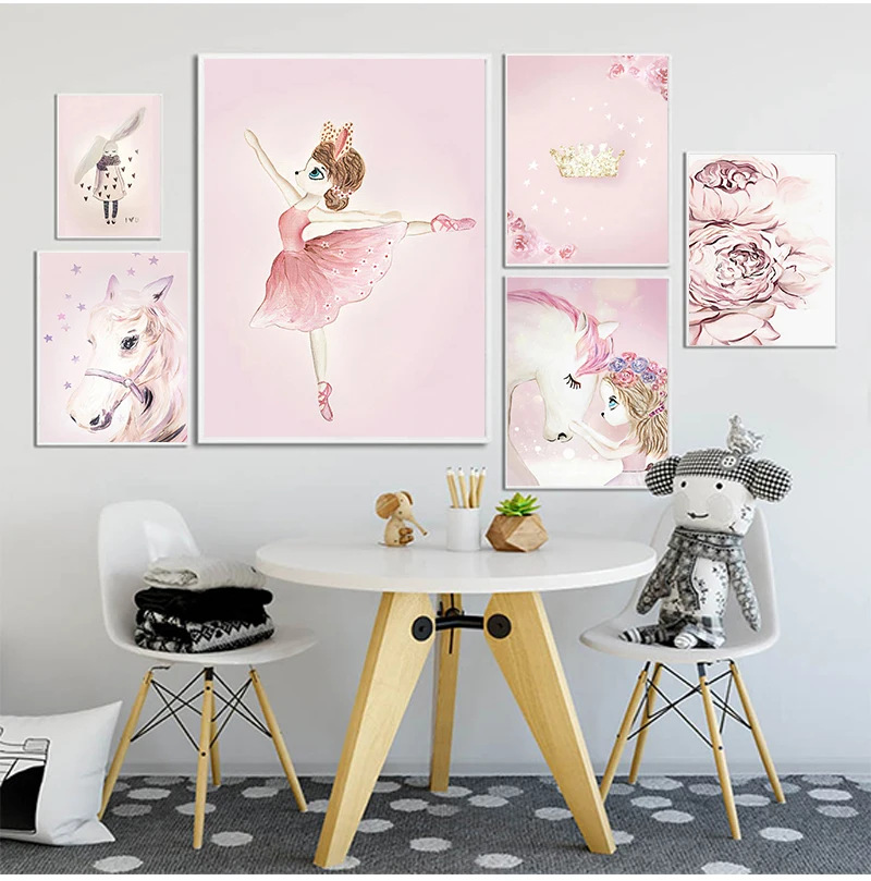 

Настенная картина для детской комнаты розового цвета с изображением цветов, лошади, лебедя, скандинавские плакаты и принты, настенные карти...