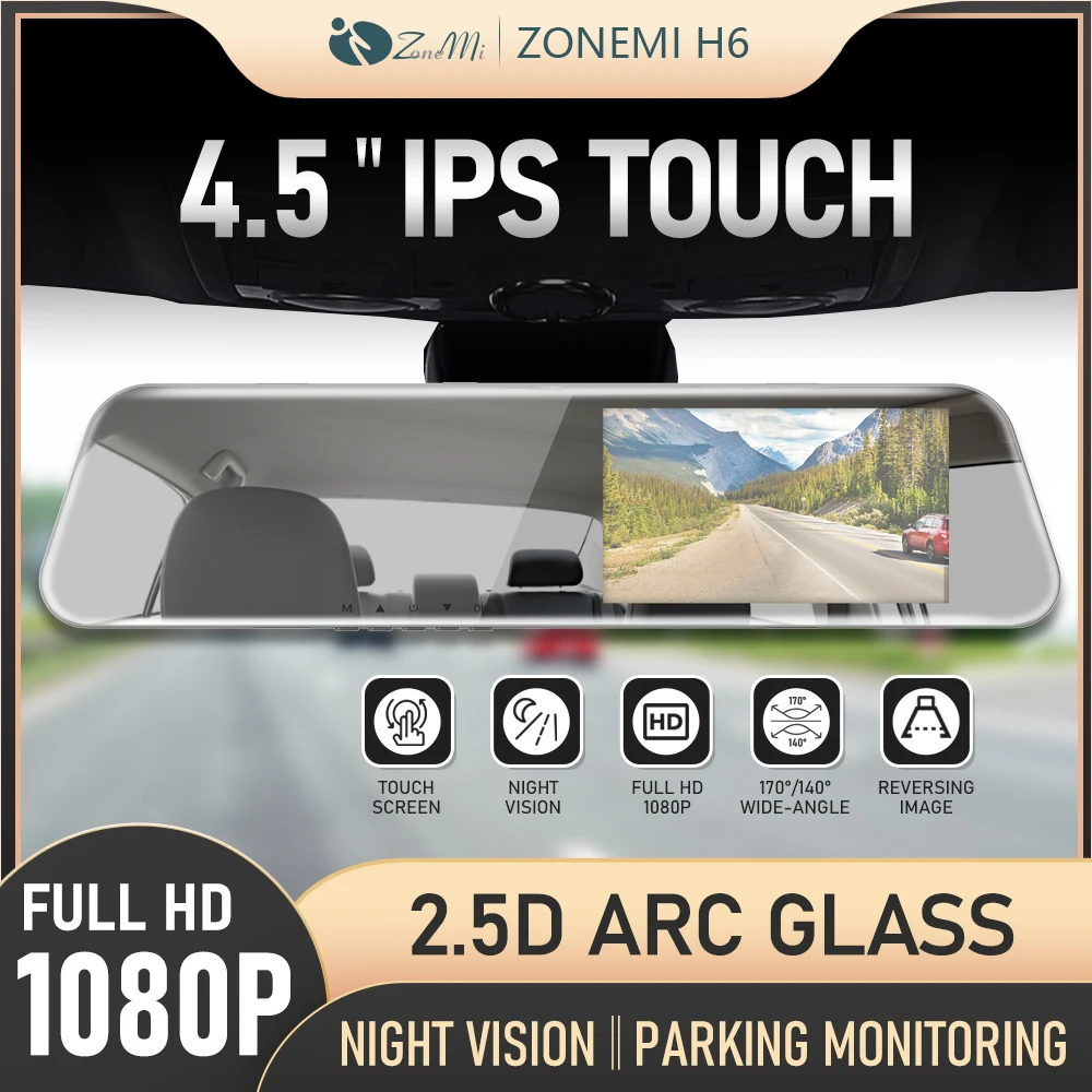 

Зеркало-видеорегистратор, 4,5 дюйма, FULL HD1080P, два объектива, ночное видение, сенсорный Ips-экран, G-датчик, реверсивное изображение