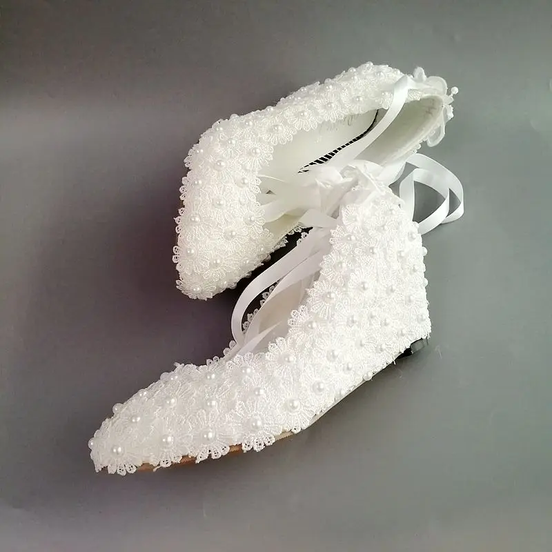 

5CM heel White lace pearls wedding shoe bride handmade luxury designer satin ribbon bridal wedges heel dancing wedding pump shoe