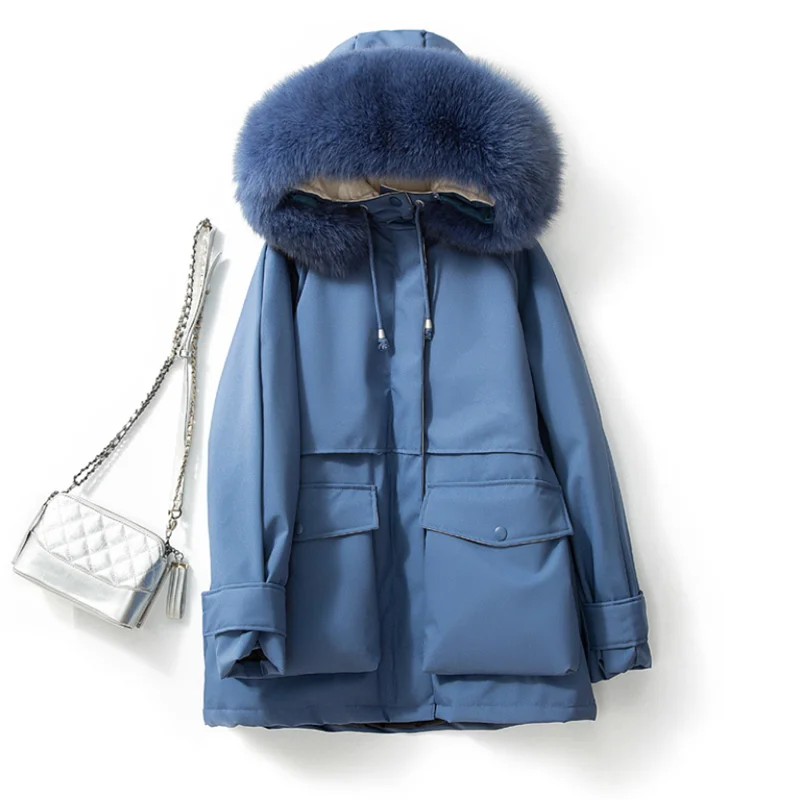 

winter new style long hooded warm white duck down jacket lady Fox fur collar waist female coats fashion Korean women jackets