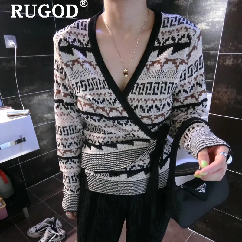 RUGOD Vintage embroidery knitted sweater women Fashion auturm sexy v neck lace up cardigan sweaters female sueter mujer invierno |