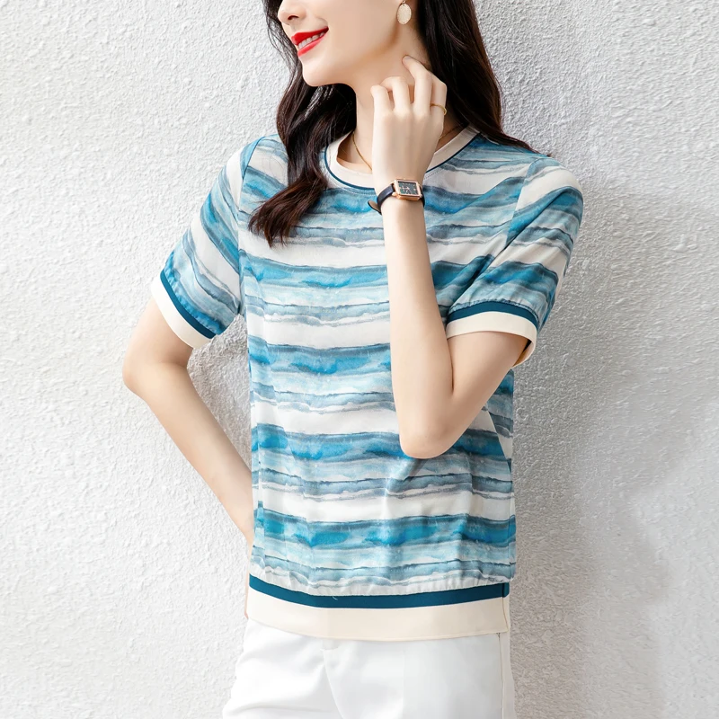 

Women Shirt Silk Printing Blouse for Women Striped Blue Short Sleeve Shirt Women's Summer O-Neck Blouses 2021 Silk Basic Clothes