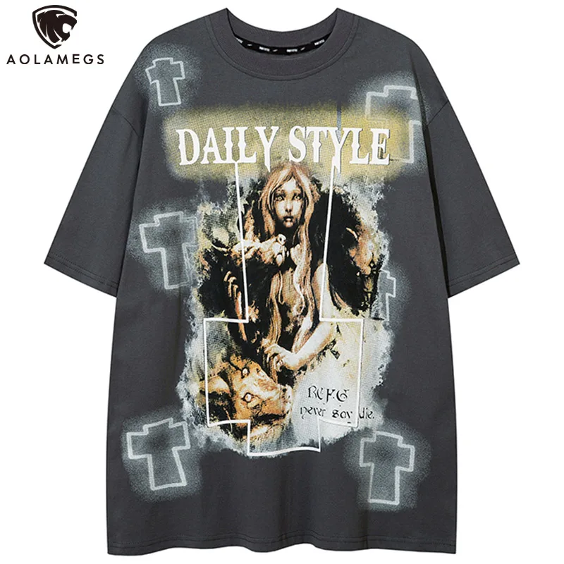 

Aolamegs Distressed T-shirt Men Inkjet Girl Geometry Graphics Short Sleeve Tees College Style Vintage Harajuku Couple Streetwear