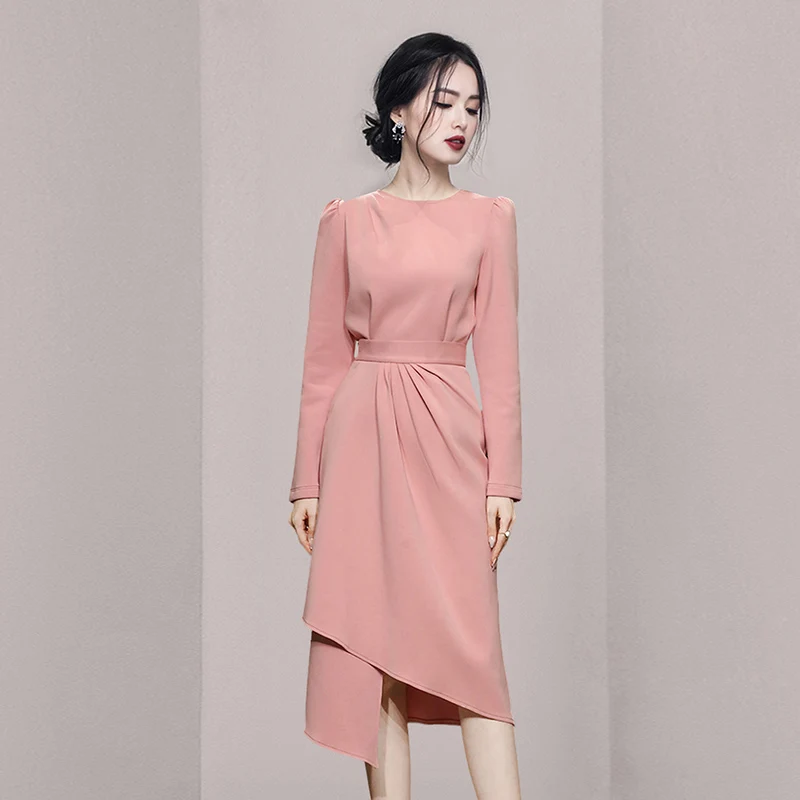 

2022 New Europe Elegant Two Piece Set Runway Women Long Sleeve O Neck Shirt Top + Pleated Irregular Solid Midi Skirt OL Suit