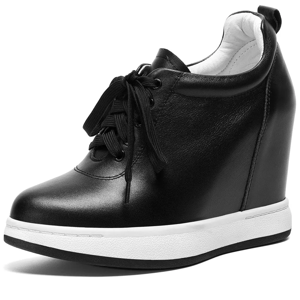 11cm High Heel Platform Oxfords Women Lace Up Genuine Leather Wedges Ankle Boots Female Round Toe Fashion Sneakers Casual Shoes