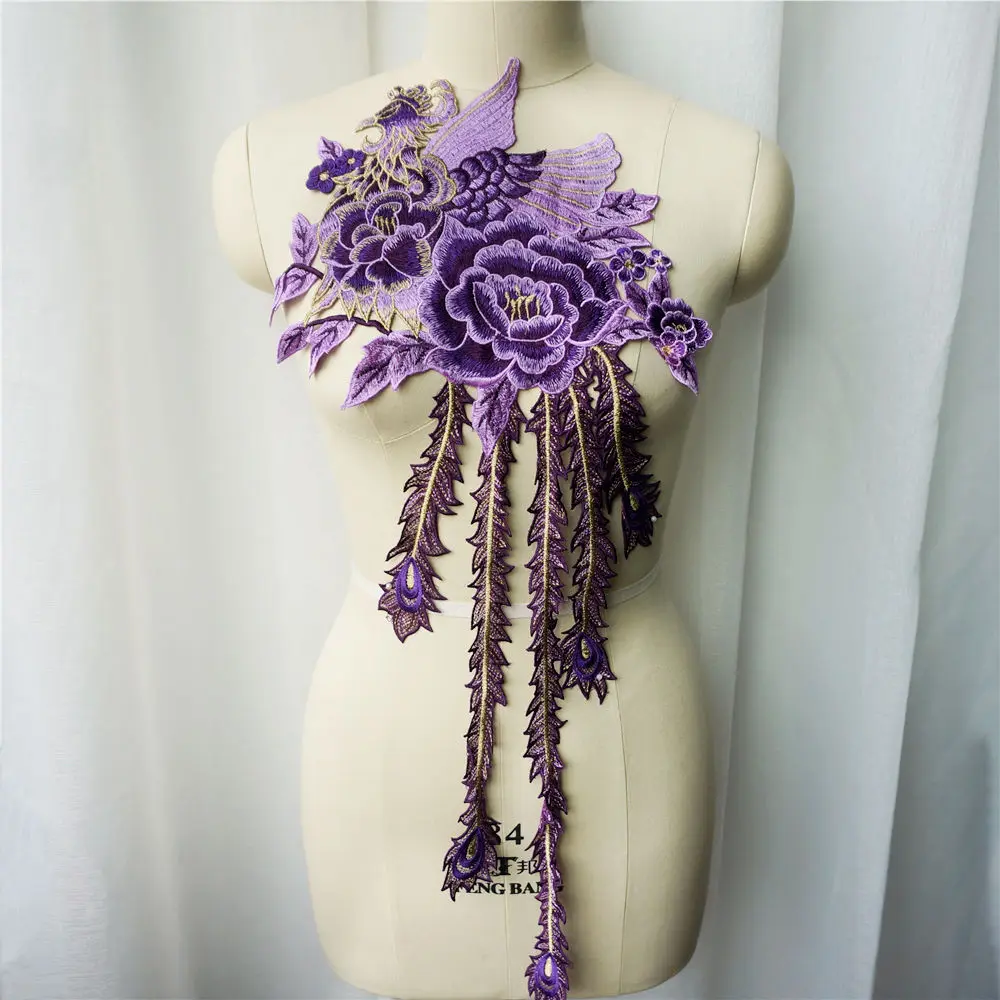 Вышитая ткань с длинным хвостом фиолетовым павлином Фениксом Цветочная