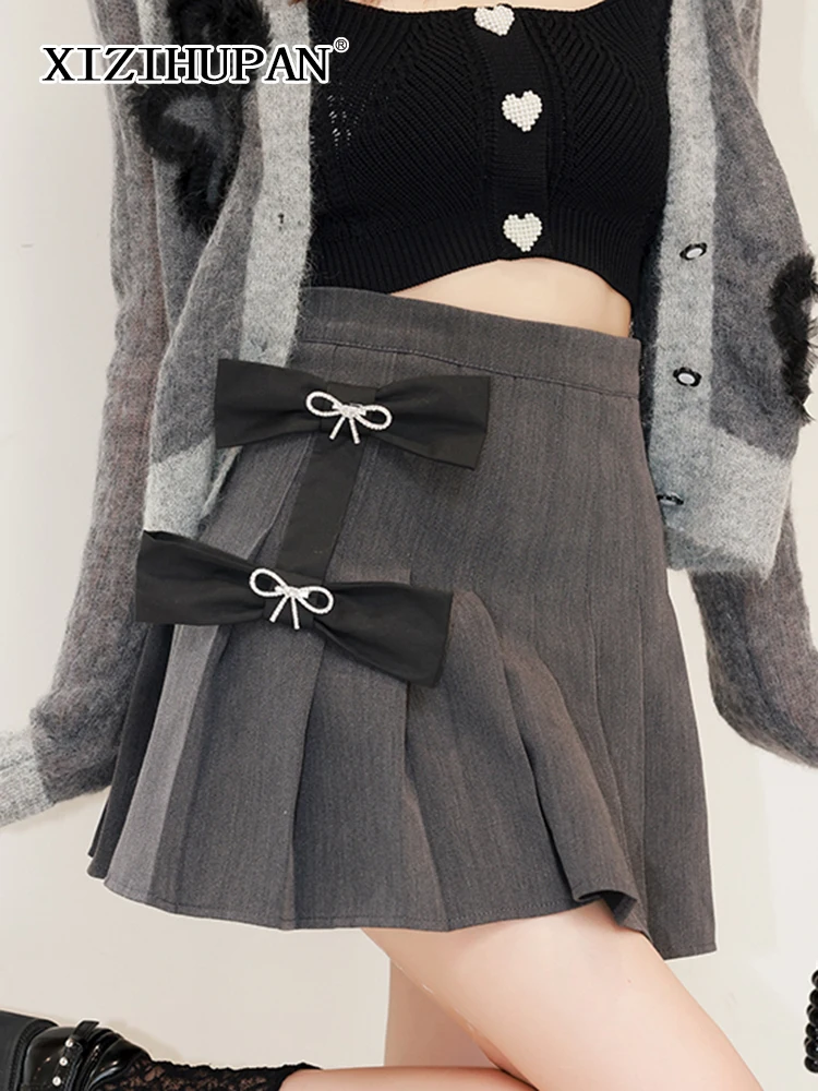

XIZIHUPAN Sweet Patchwork Bowknot Mini Skirts For Women High Waist Fold Pleated Casual A Line Skirts Female 2021 Clothing New