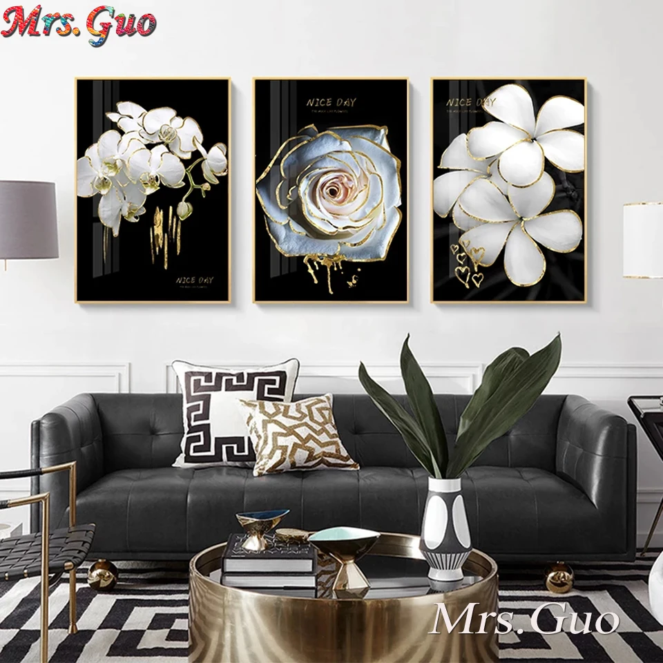 

5d алмазная живопись «сделай сам», черные, белые цветы, золото, Роскошный Современный домашний декор, настенное искусство, вышивка крестиком,...