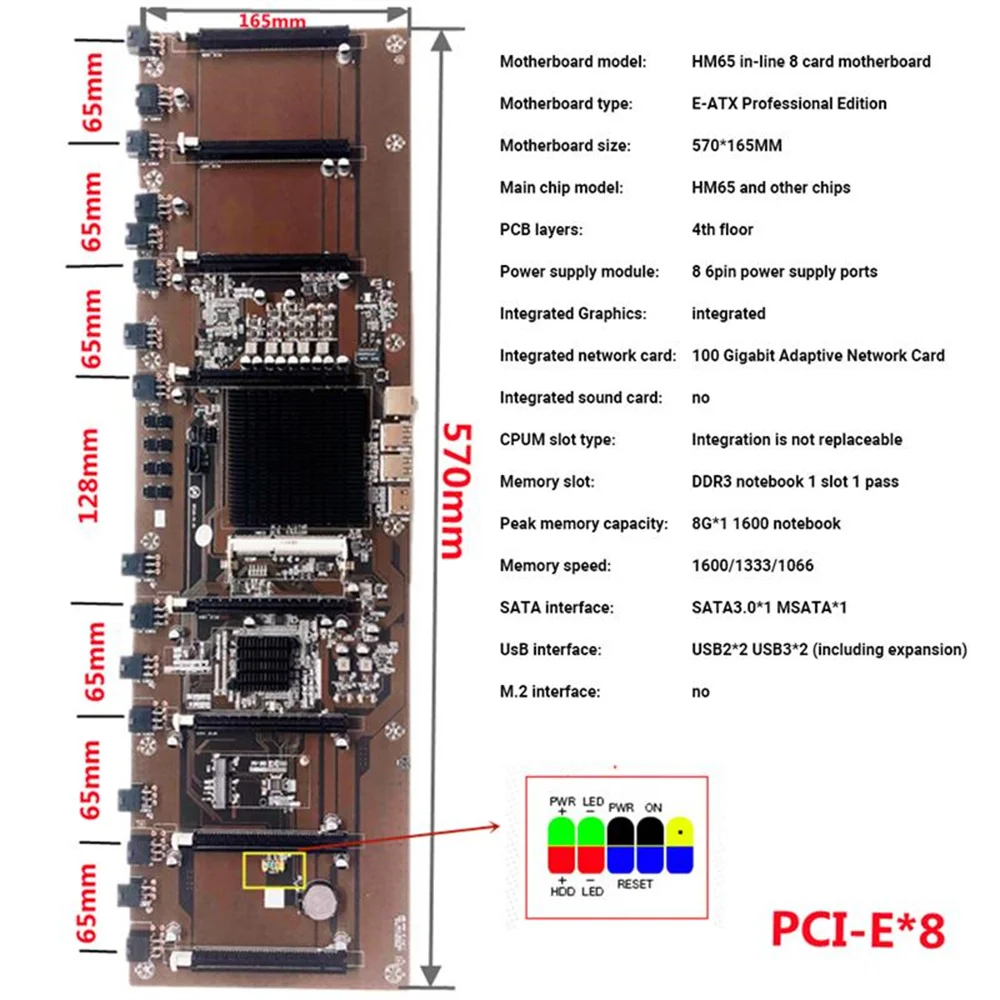 Материнская плата HM65 для майнинга 8 pcie X16 PCI-E 16X поддержка графических карт GPU