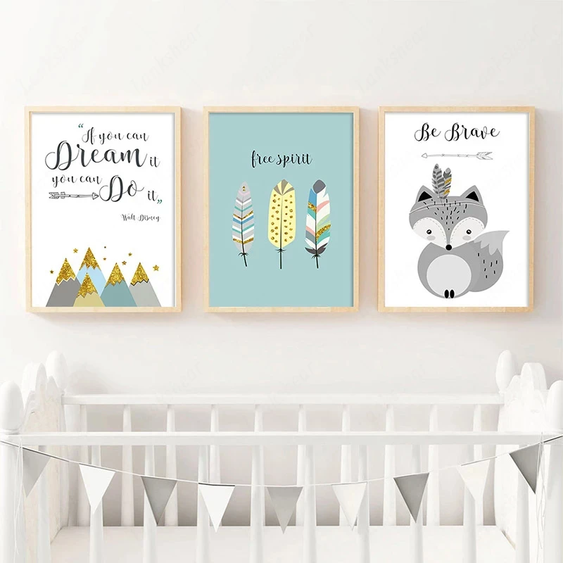 

Tribe Woodland Animal Canvas Art Poster Fox Feather Nursery Print Painting Cartoon Tent Wall Pictures for Kids Living Room Decor