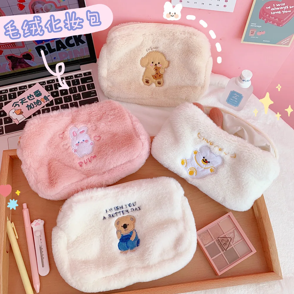 

Cartoon Bear Embroidery Plush Bag Girl Pearl Cosmetic Bag Student Soft Pencil Makeup Storage Organizer Pouch Cute Clutch Handbag