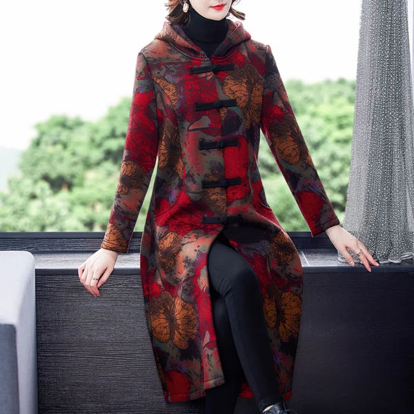 

2021 winter new plus velvet color mother dress over the knee long western style warm woolen coat for women