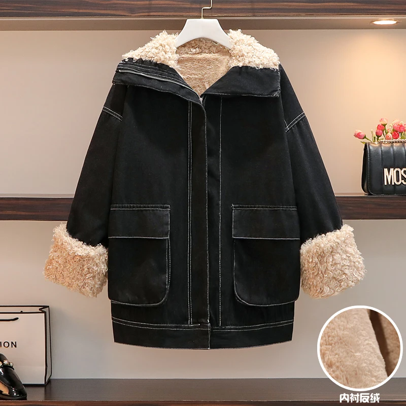 Женское теплое мягкое меховое пальто джинсовая черная куртка плюшевое