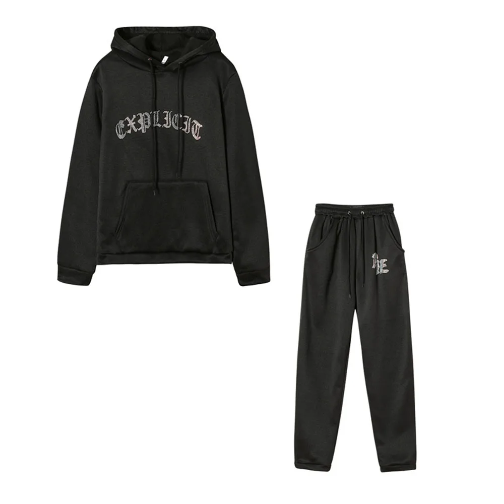 

2021 Autumn Fashion Solid Color Hot Rhinestone Hooded Pocket Long Sleeve Sweater Trousers Two-piece Suit Women