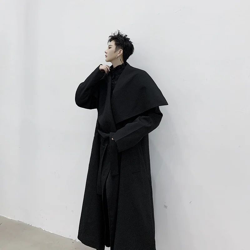 

Men Japan Streetwear Big Collar Long Trench Coat Outerwear Male Lace Up Belt Cardigan Jacket Windbreaker Overcoat