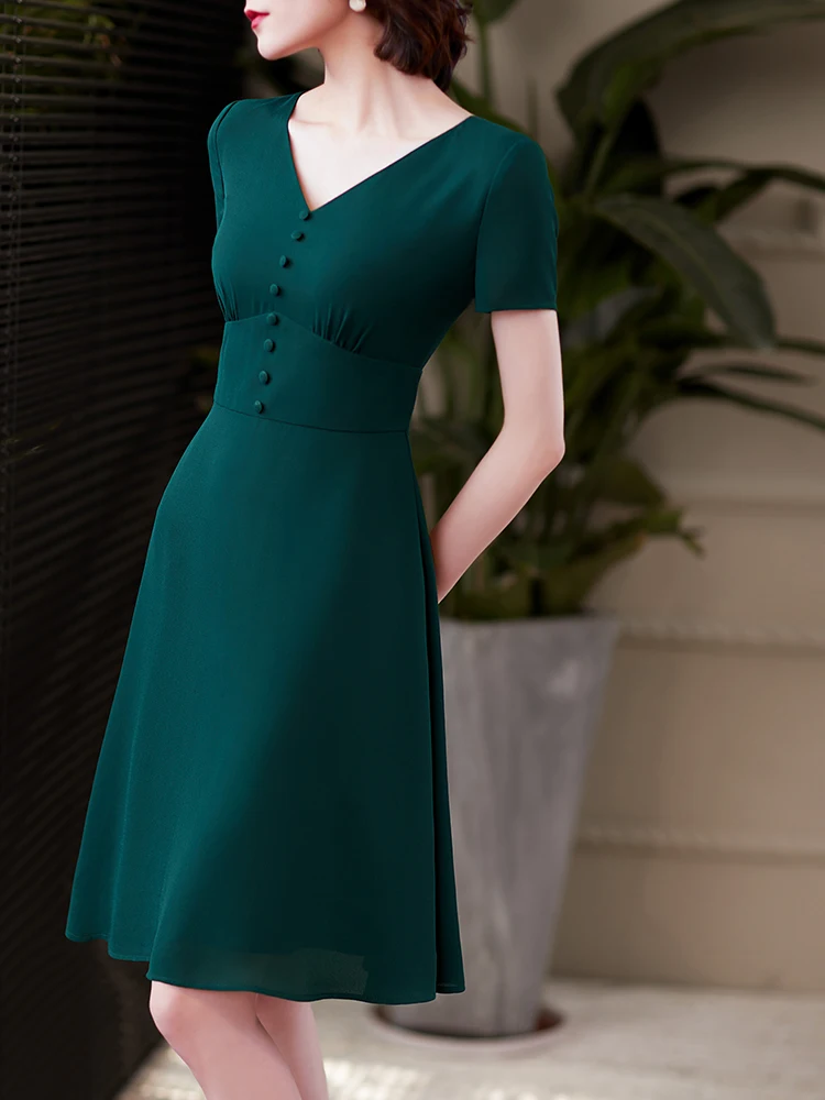 Женское офисное платье-миди с V-образным вырезом | Женская одежда