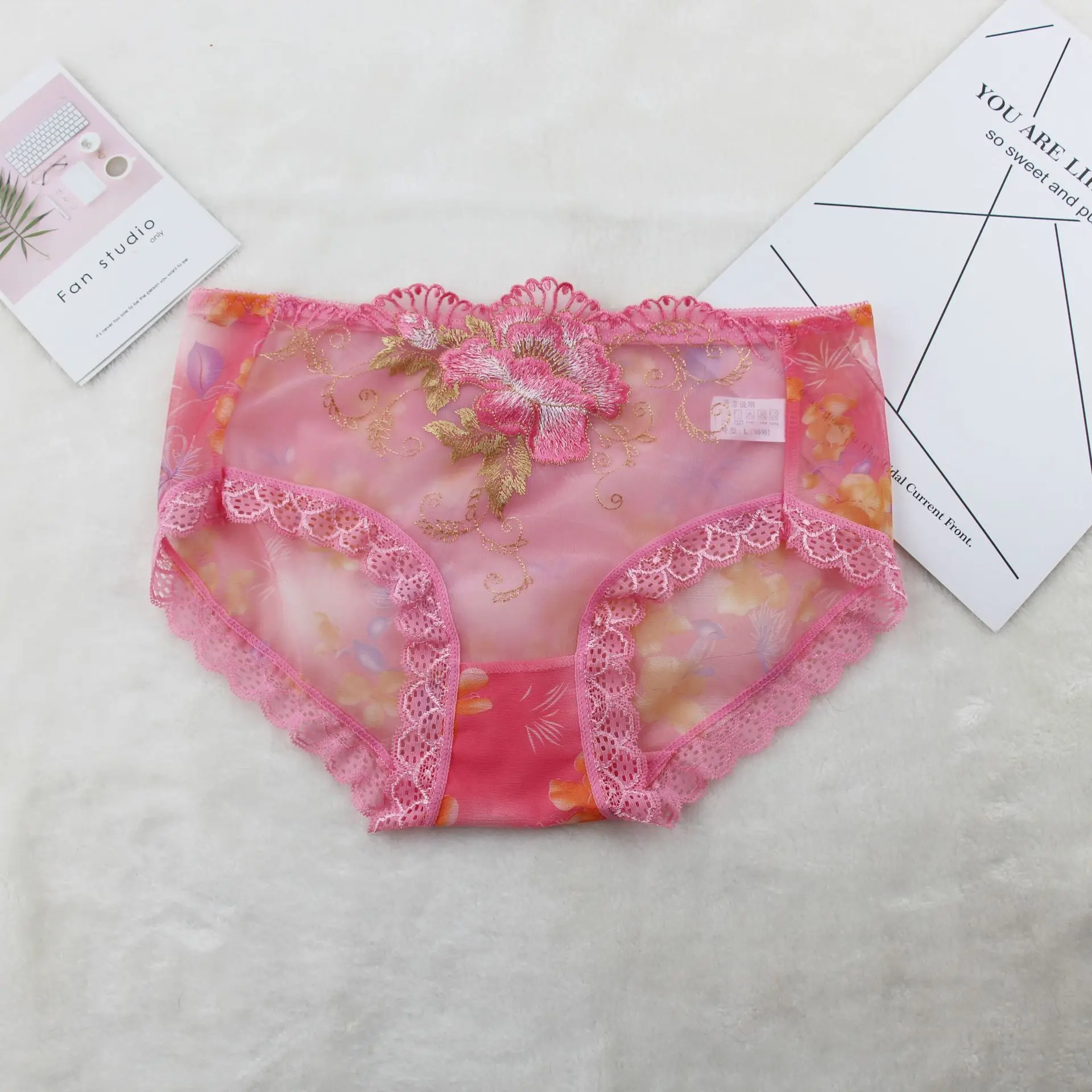 

Sold by 6 pcs/lot--Rose Lace Embroidered ladies Transparent Low Waist Briefs