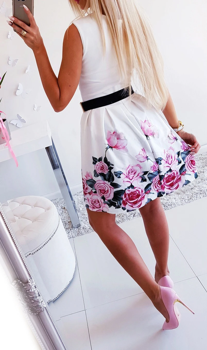 2019 сексуальное платье с цветочным принтом без рукавов Черное Платье трапеция