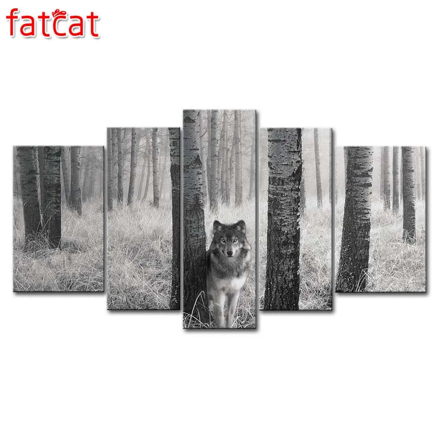

Набор для алмазной вышивки FATCAT, 5 панелей, волк в лесу, животное, сделай сам, квадратная круглая вышивка, домашний декор, AE168