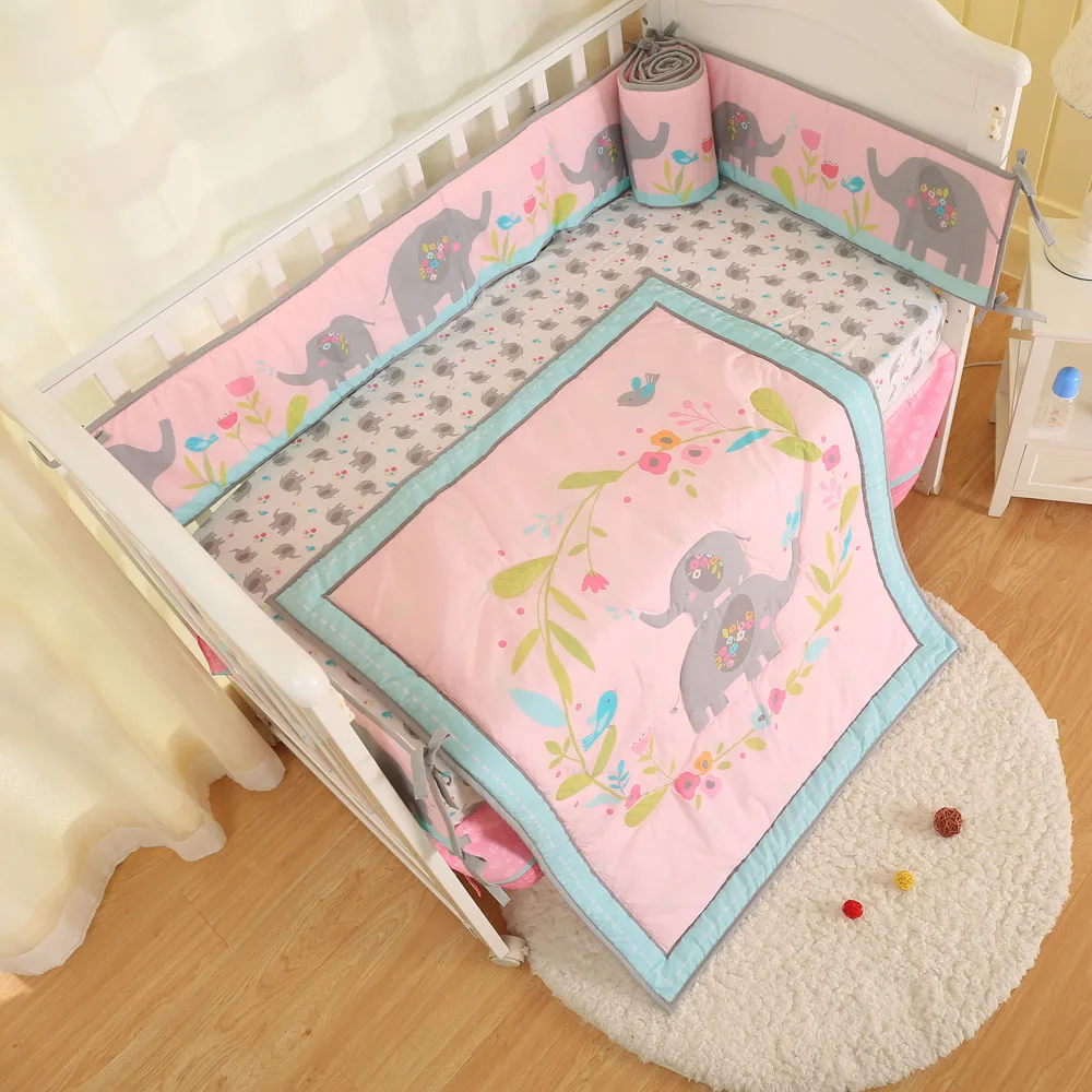 Розовый слон с птицей и цветами детские кроватки Постельное белье 4 предмета в