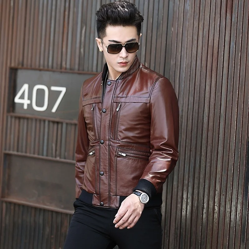 

Мужская куртка из натуральной воловьей кожи, с воротником-стойкой и карманами