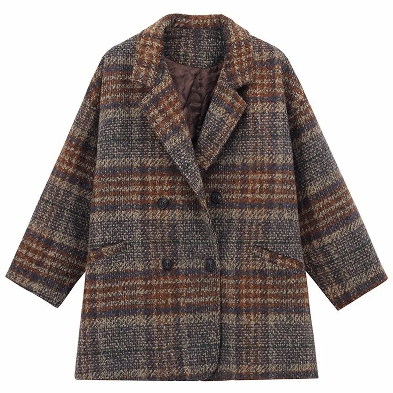 

LIBIELIY Vintage Plaid Woolen Coat Women Mid-Length Nice Autumn Winter New Korean Overcoat Popular Loose Double Breasted Coat