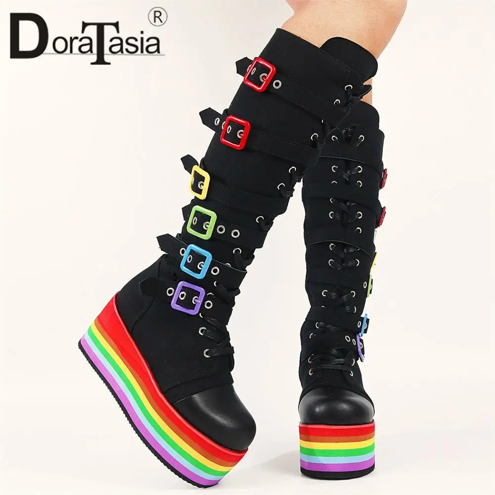 Женские ботинки на платформе разноцветные в стиле панк с пряжкой танкетке обувь