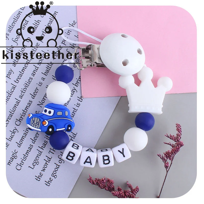 Kissteether-Cadena de chupete de silicona para beb&eacute;, amuletos de corona de coche, cuentas de silicona, mordedor Molar, juguete, cadena de chupete, soporte de Clip-0