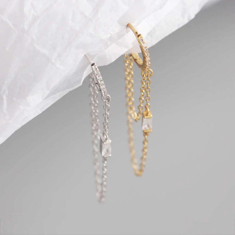 

PONYKISS Genuine S925 Sterling Silver tassel Chain Zircon Hoop Earrings Women Party Delicate Elegant Accessory Romantic Gift