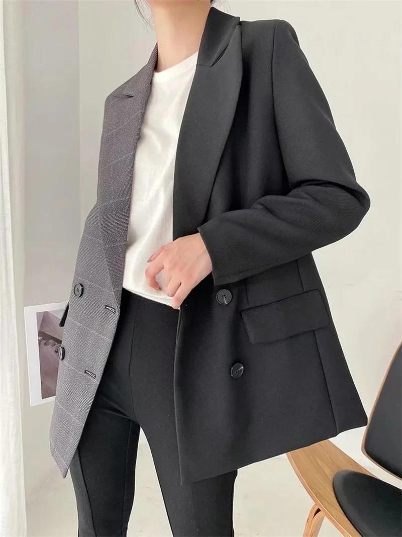 2023 Women Double Breasted Mid-Length Patchwork Casual Office Blazer Suit Commute Formal Clothing Classic Contrast Colors Blazer