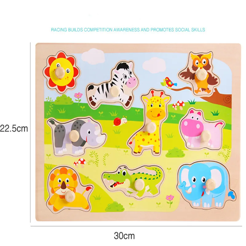 

Montessori Early Educational Puzzle Digital Animal Fruit Traffic Shape Matching Wooden Puzzle Cognitive Grasping Board Gift