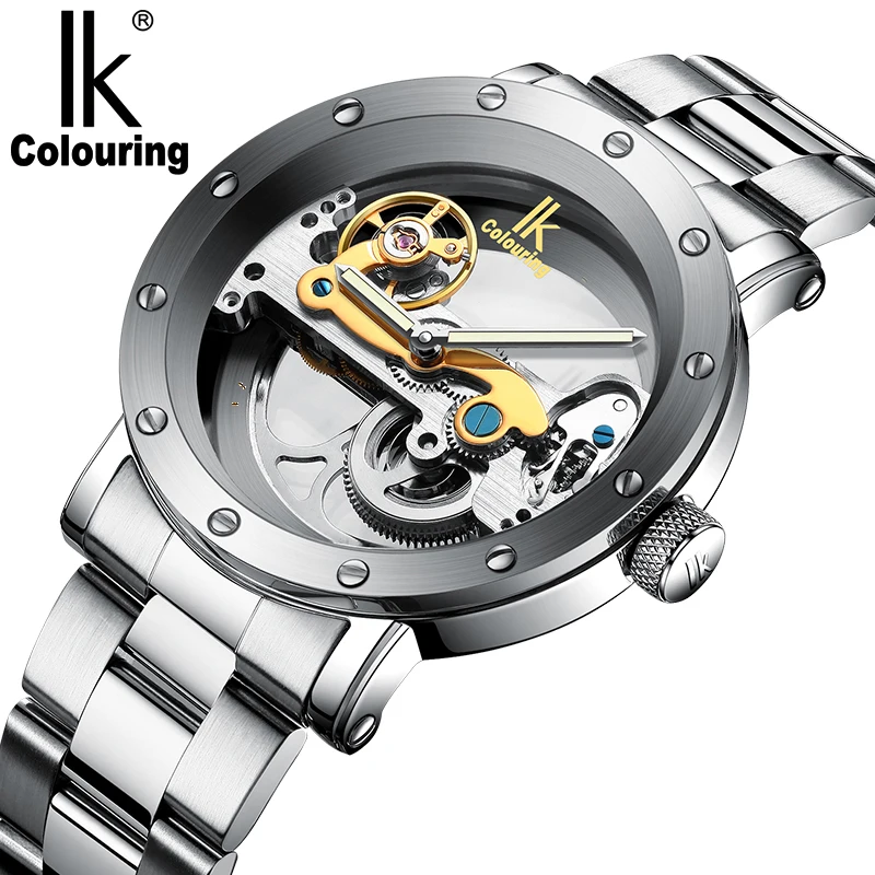 IK Colouring Automatic Watch for Men Mechanical Wristwatches Waterproof Stainless Steel Skeleton Relogio Masculino Clock