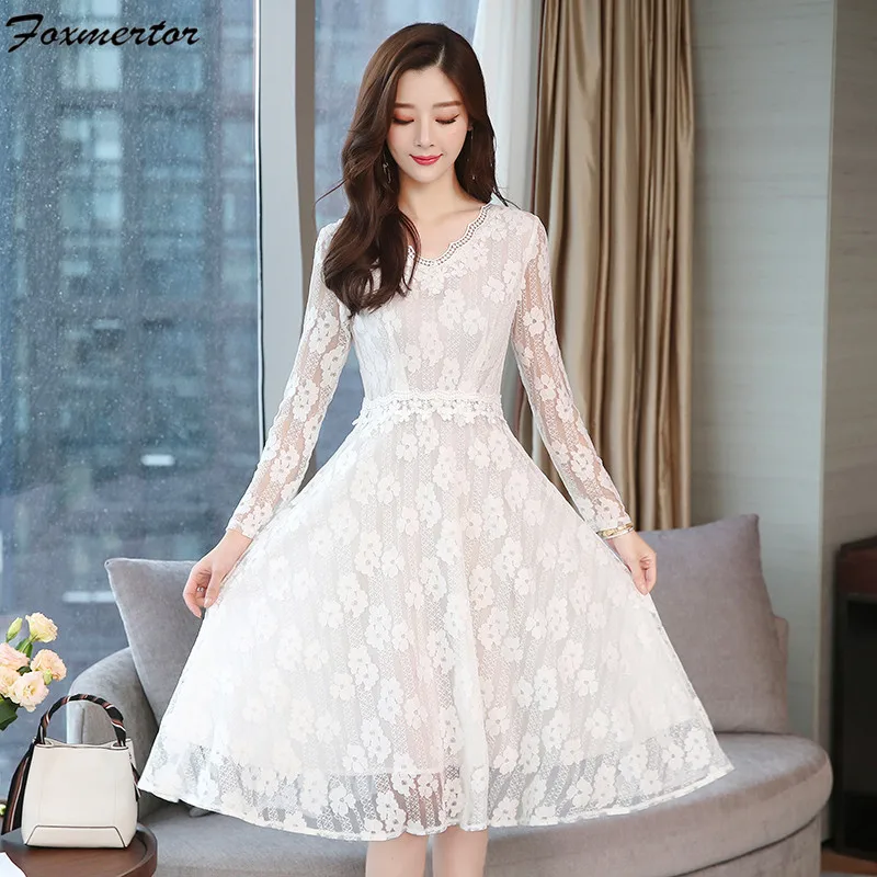 2022 весеннее кружевное женское платье с длинными рукавами v-образным вырезом