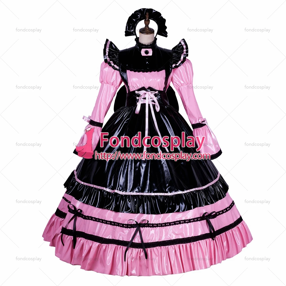 fondcosplay adult sexy cross dressing sissy maid long Lockable pink PVC Vinyl Dress Uniform black apron Tailor-made[G1763] |