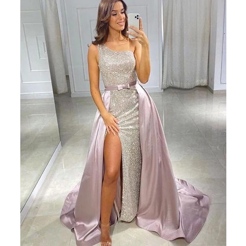 

Sexy Evening Dresses With Detachable Train one shoulder Bling Sequins Tulle Mermaid Prom Dress Overskirts Formal Gowns custom ma