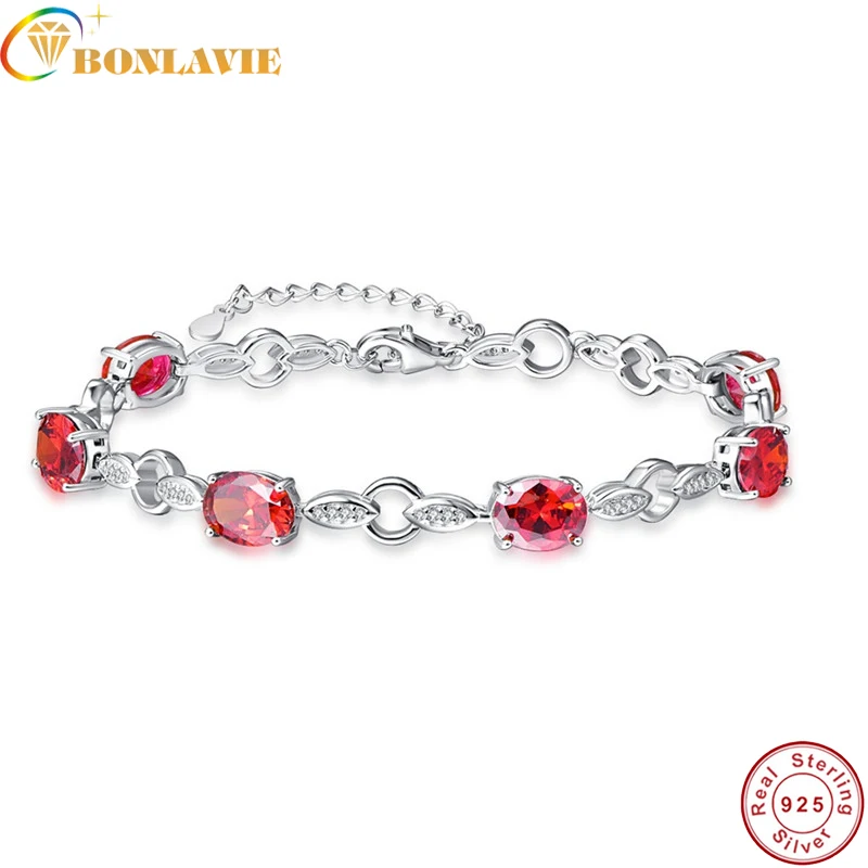 

BONLAVIE 925 Sterling Chain-Link Bracelet With Garnet Women Party Wedding Jewelry Length 21.5CM Free Gift Box
