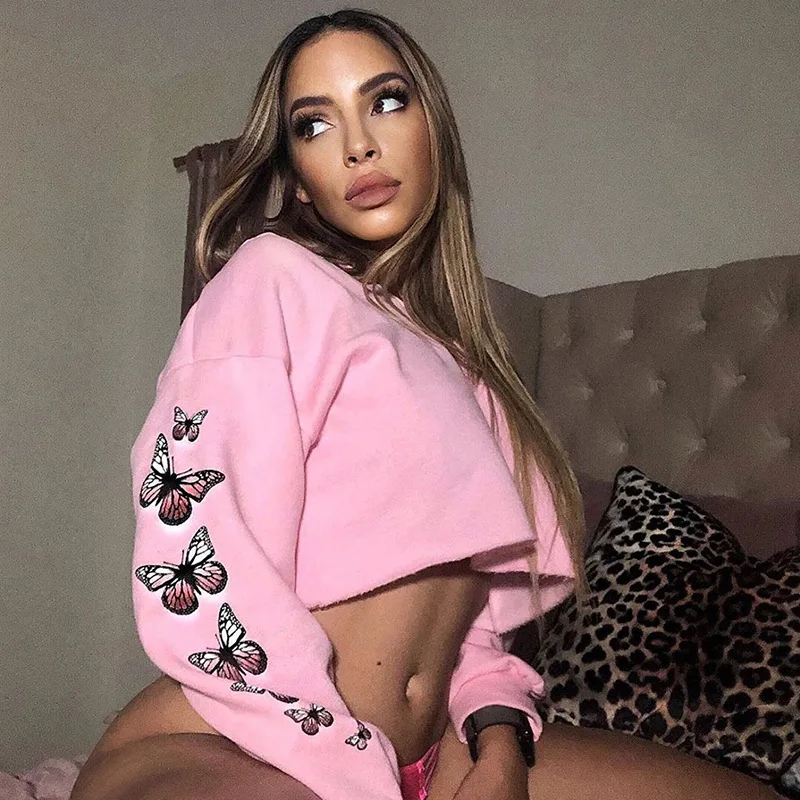 

KALENMOS Butterfly Print Pink Hoodies Women Zipper Long Sleeve Loose Short Tops Sweatshirts Vintage Autumn Winter Winter Clothes