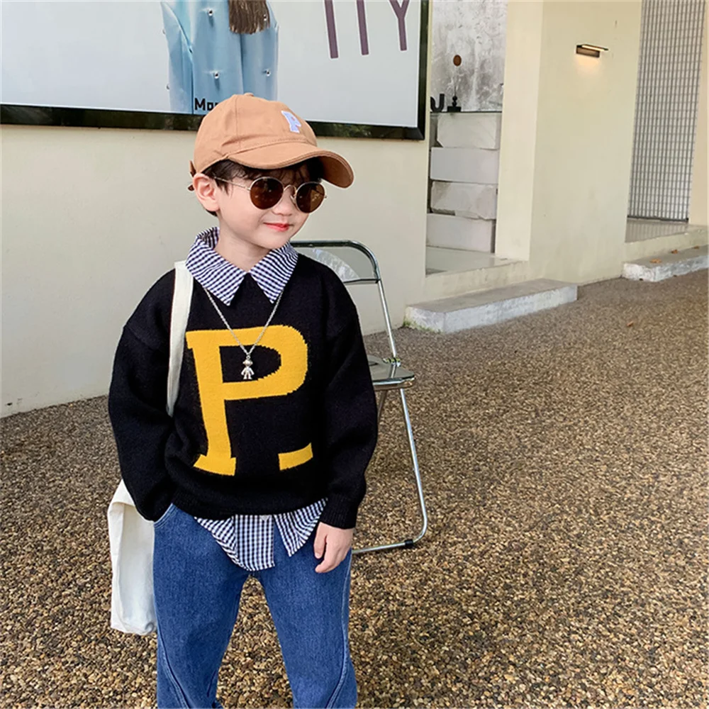 

Зимний Детский Повседневный плотный свитер с надписью «P», Модные свободные теплые вязаные свитеры для мальчиков