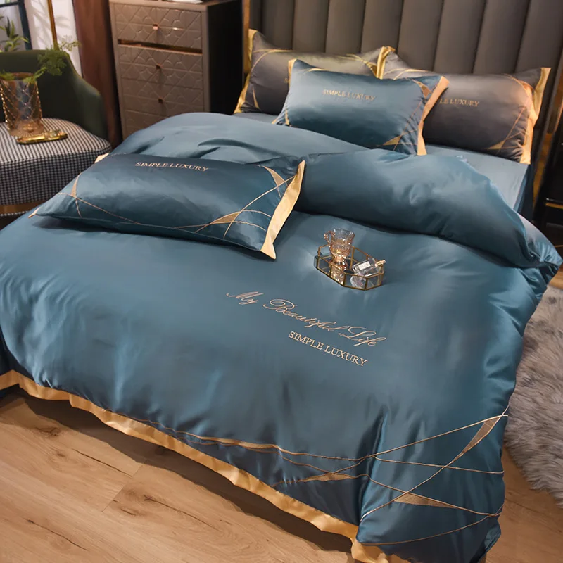 

Promotion New Pure Satin Silk Bedding Set Lace Luxury Duvet Cover Single Double Queen King Size Quilt 240x220 Covers Gray Red