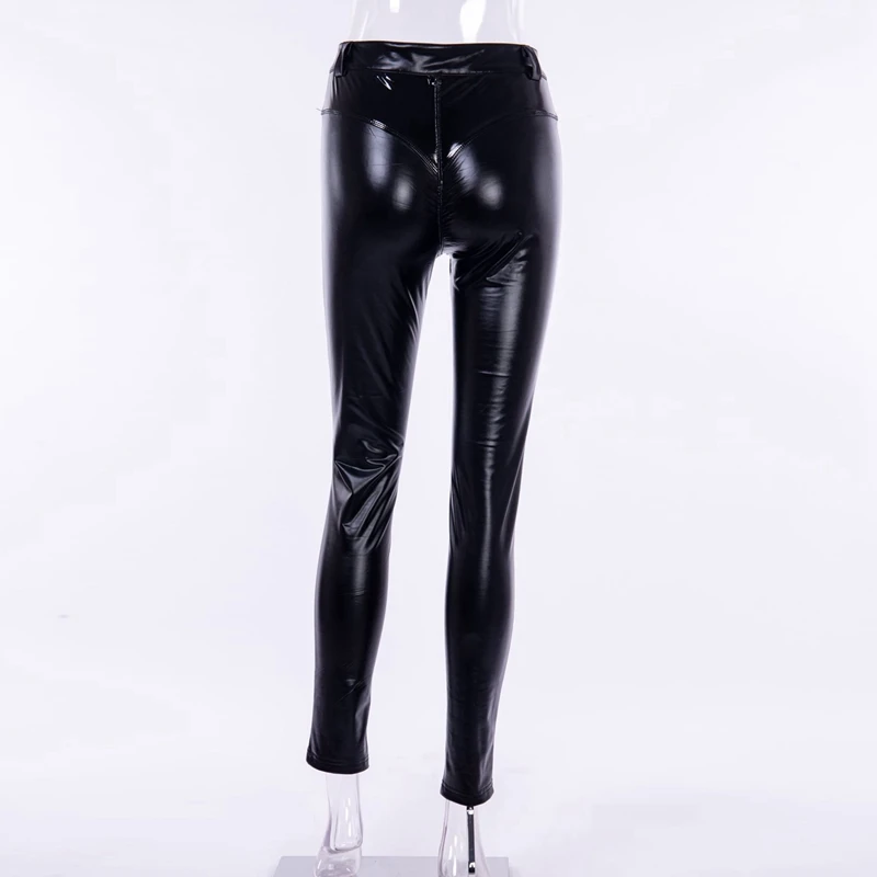 

Women's PU Bright Leather Stitching Pants Fashion Skinny Slim Casual Leather Ladies Pants Black