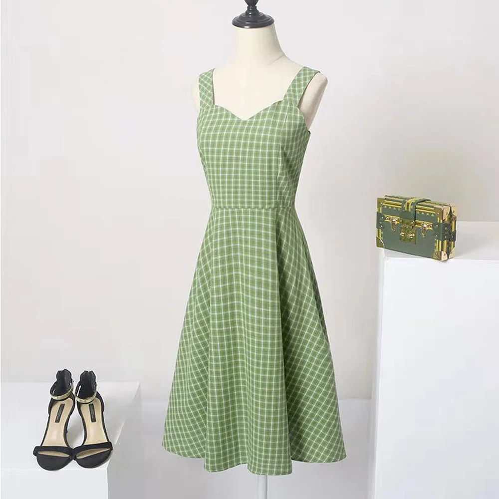 

Summer Green Sun Dresses for Women Sleeveless V-neck Tunic Bandage Elegant Vestido De Mujer 2021 Plus Size Tank Plaid Dress