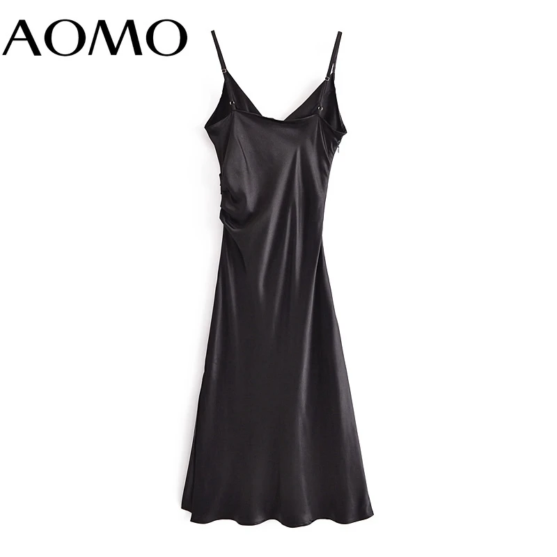 

AOMO Women Black Satin Dress Sleeveless Side Zipper 2021 Fashion Lady Dresses QN163A